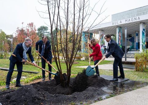 Photo Jean-Marc Huart, recteur de l'académie de Bordeaux, Alexandre Péraud, président de l'université Bordeaux Montaigne, Christine Bost, présidente de Bordeaux Métropole et Dean Lewis, président de l'université de Bordeaux, ont planté un arbre pour cette inauguration © Gautier Dufau