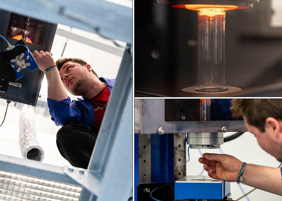 La tour de fibrage permet de chauffer et d'étirer le verre comme le fait Quentin Wets, doctorant de l'université © Gautier Dufau