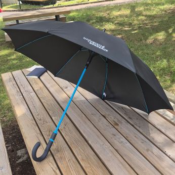 Photo Grand parapluie (polyester et Fibretex, résistant au vent) - Coloris disponibles : Noir avec baleines cyan - Fabriqué en Asie - PU TTC : 24,00 €